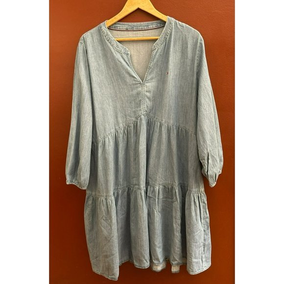 Tommy Hilfiger Light Chambray Denim Below Knee Length Tiered Dress Relaxed Fit - Picture 1 of 3